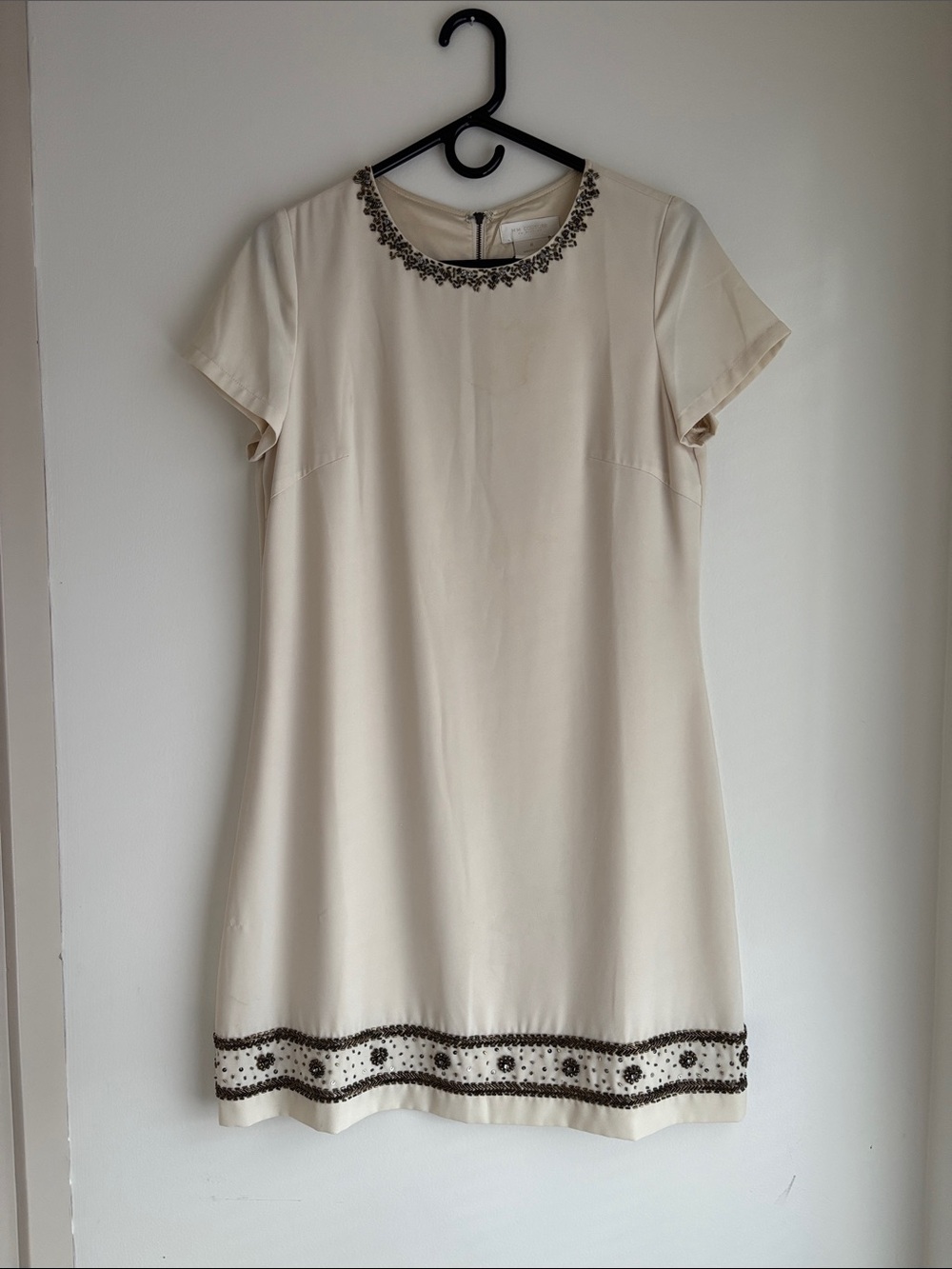 MM Couture Cream Shift Dress with Beaded Trim